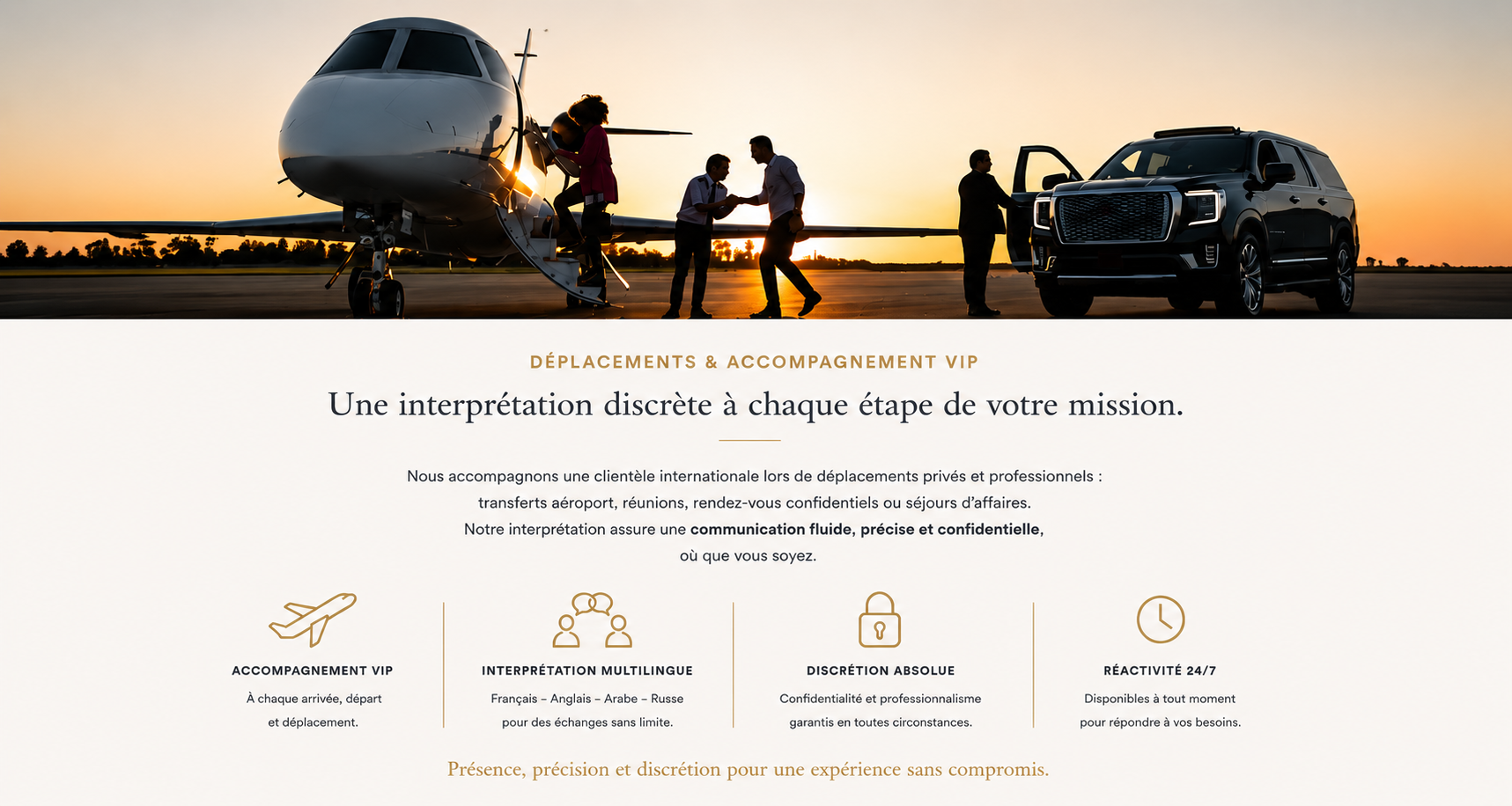 VIP travel and support: private jet, transfers and discreet interpreting