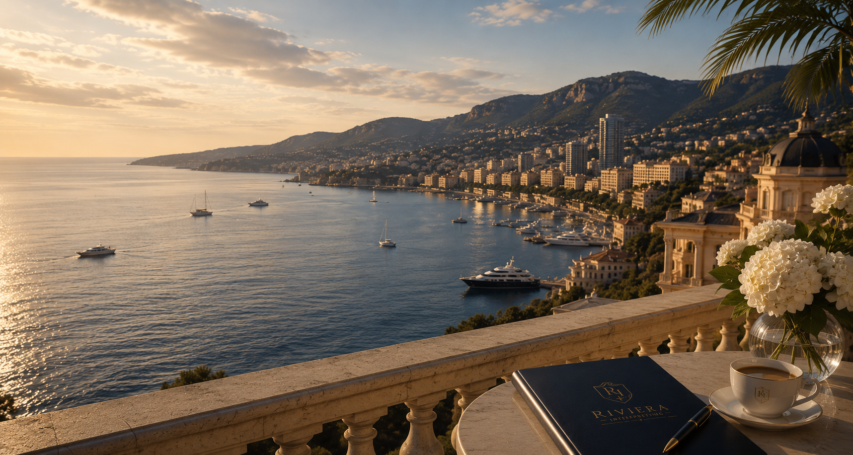 Terrasse surplombant la baie de Monaco au coucher du soleil, yachts au mouillage
