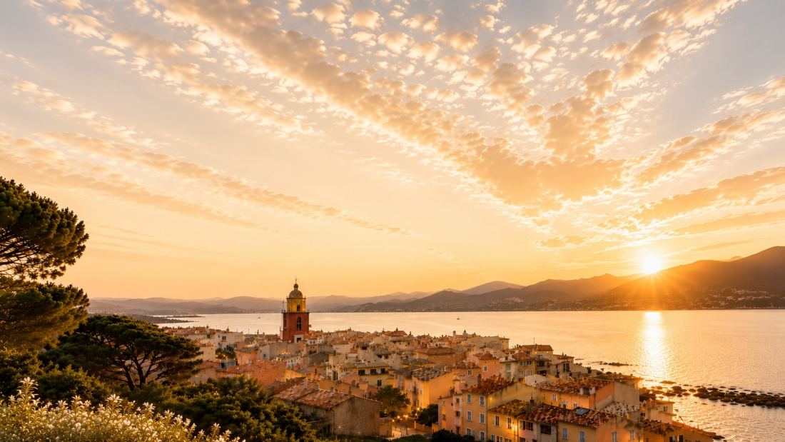 View of the French Riviera at sunset